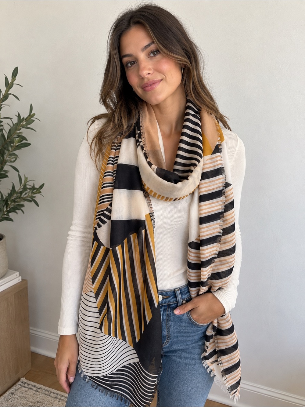 Vilanova Women’s Oversized Scarf Wrap Black Tan Geometric Stripe Fringe Italy